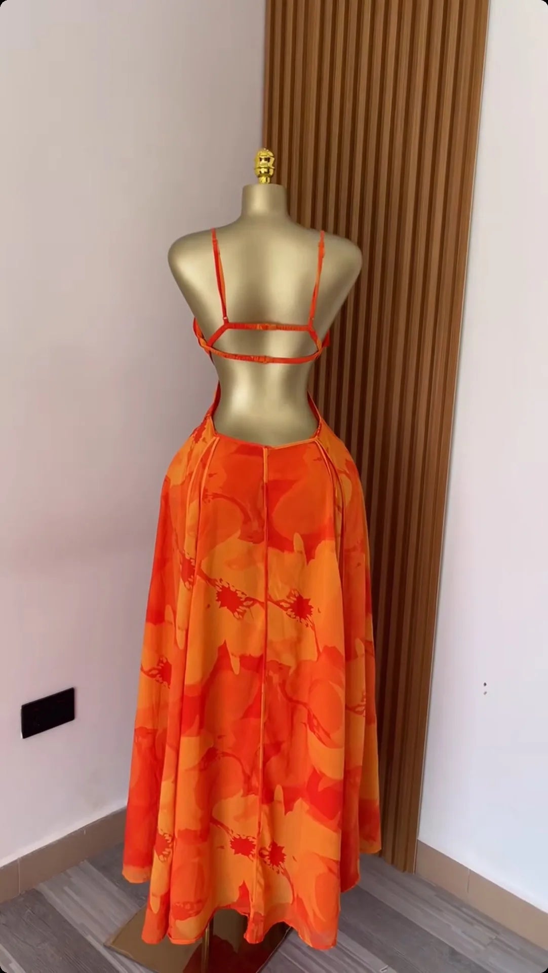 Floral Printed Strap Backless Swing Maxi Long Dress
