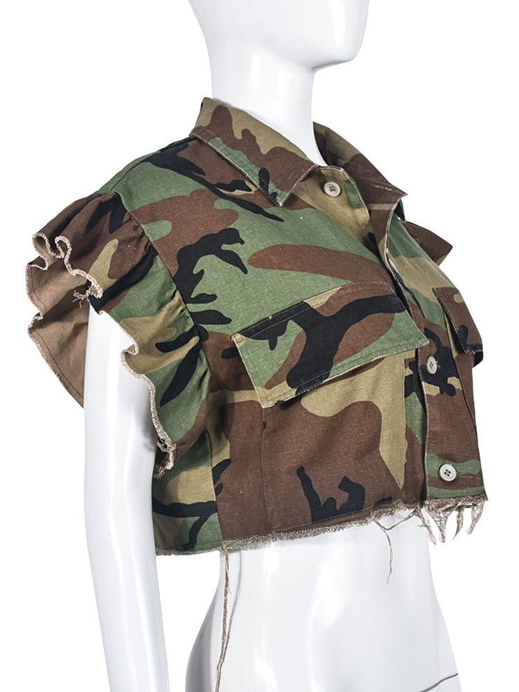 Turn-down Collar Butterfly Sleeve Single Breasted Camouflage Print Short Coat