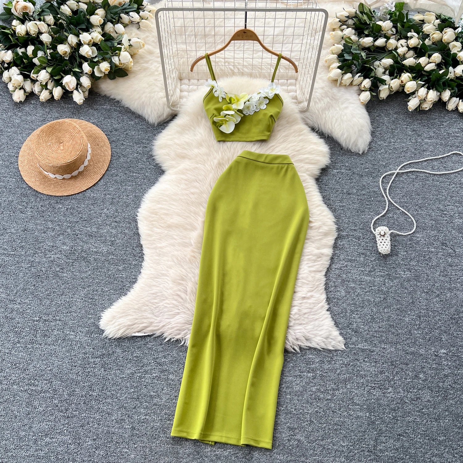 S3D Floral Strap Mini Tank Top+Split Bodycon Long Skirts Two Piece Set