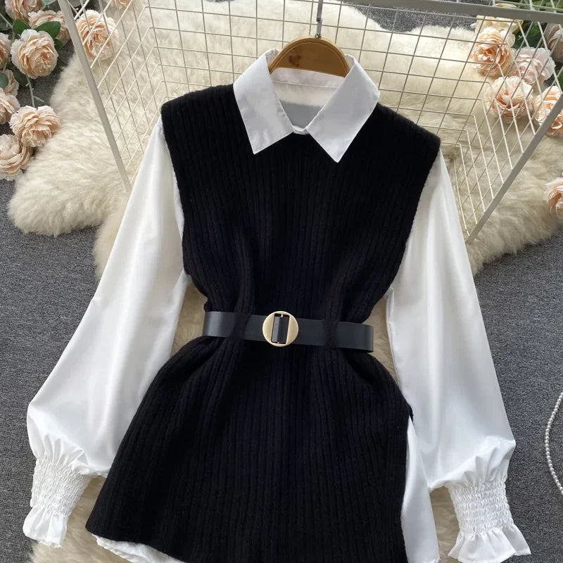 Luxury Style Loose-fit Long Sleeve White Shirt Side Slit Knit Vest 2-piece Set