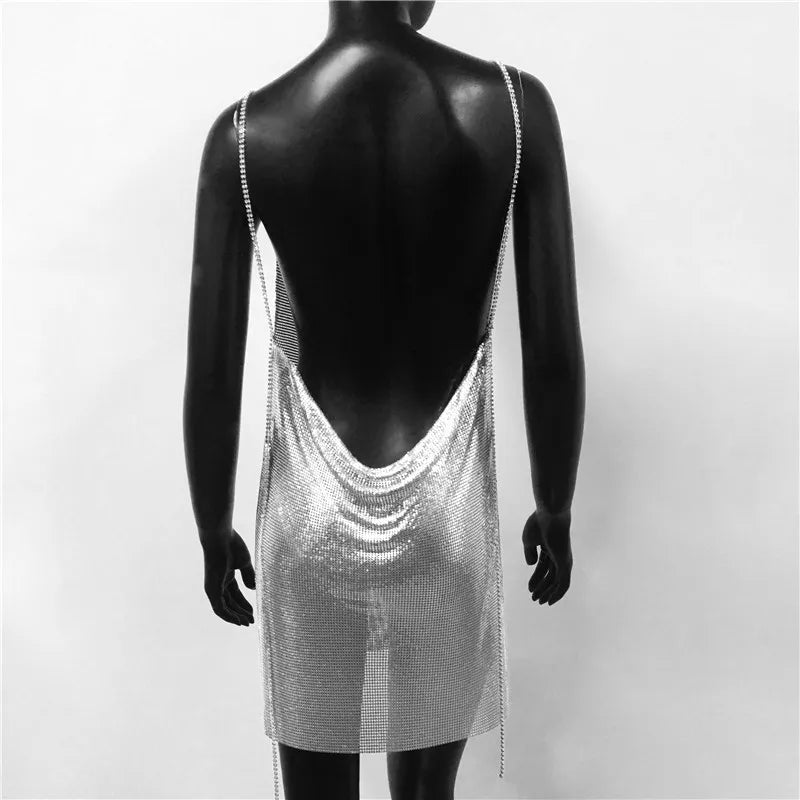 Backless Spaghetti Strap Metal Sequins Low Cut Dress