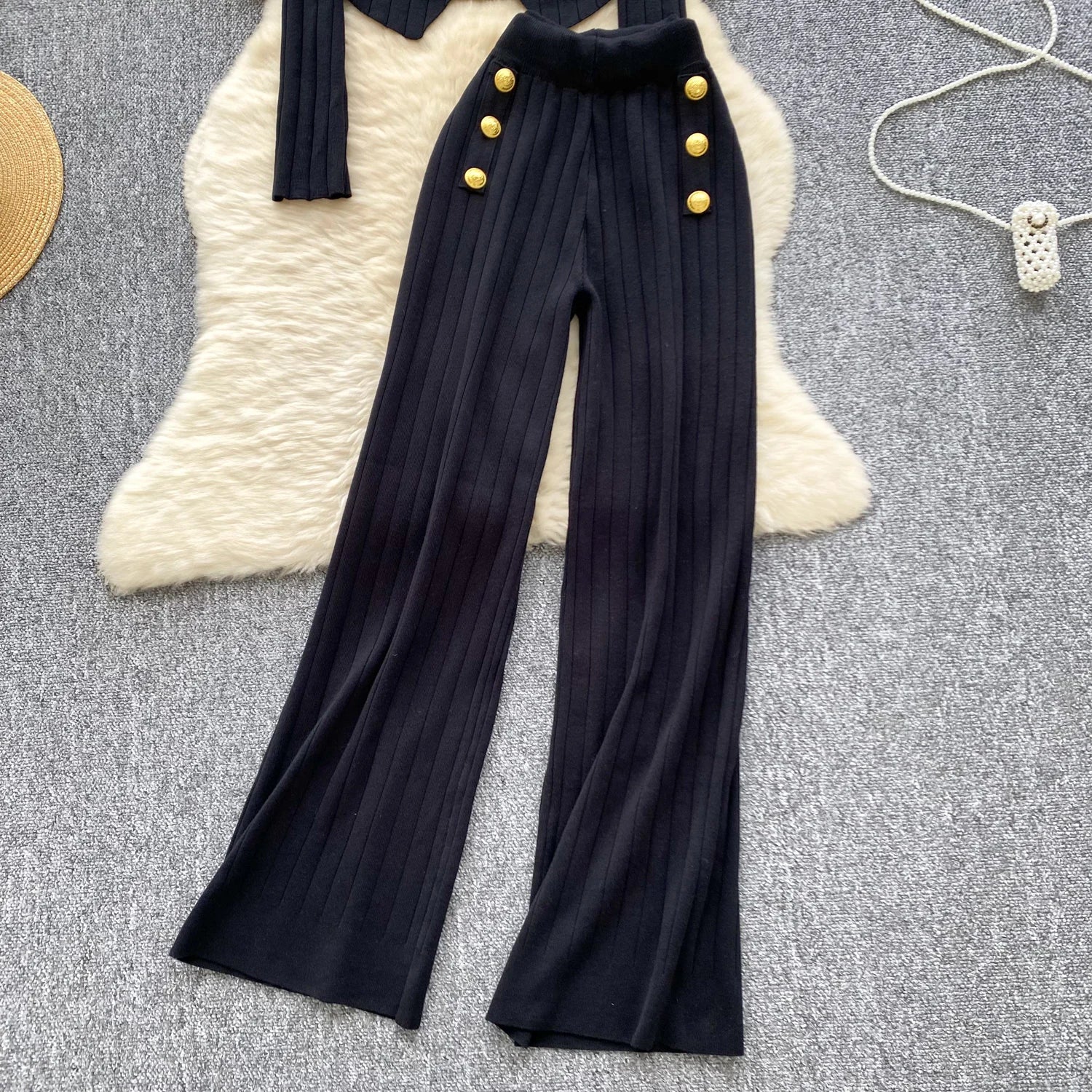 Long Sleeves Chic Buttons Pullovers+Elastic Long Pants Vintage Two Pieces Sets