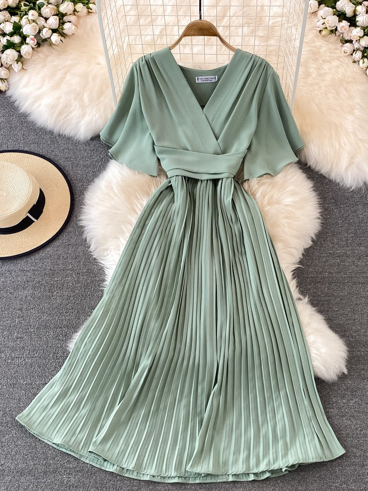 V-neck Pleated Dress