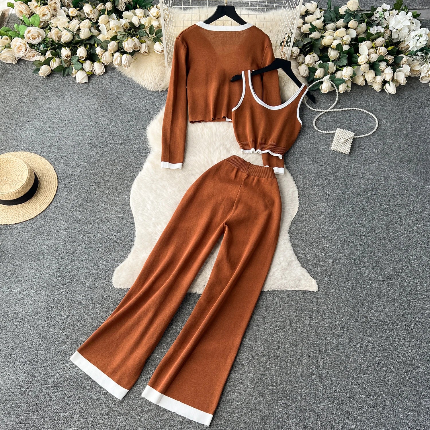 Three Pieces Sets Tank Top+Long Sleeves Short Cardigan+Elastic Long Pants Set