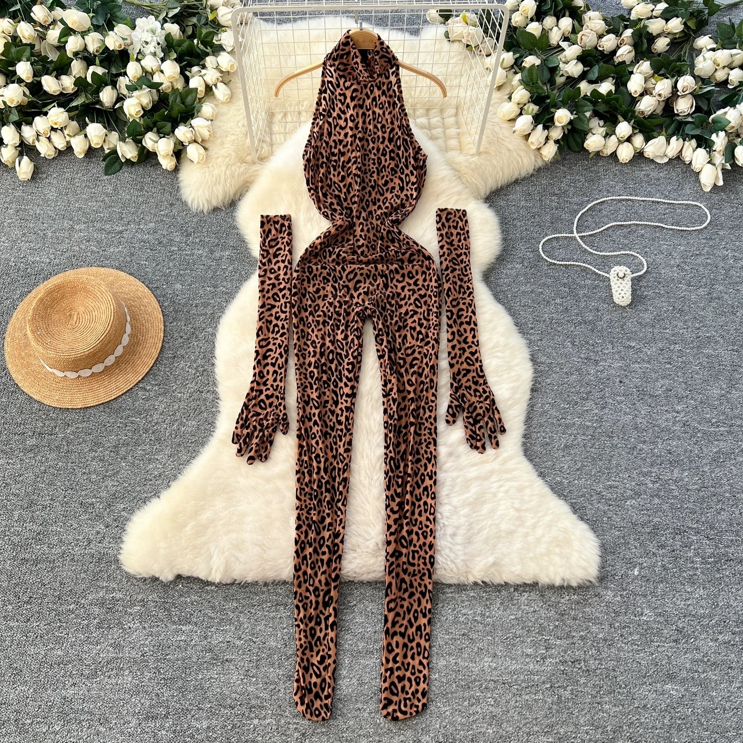 Leopard Print Stand Collar Long Gloves Long Playsuits Jumpsuit