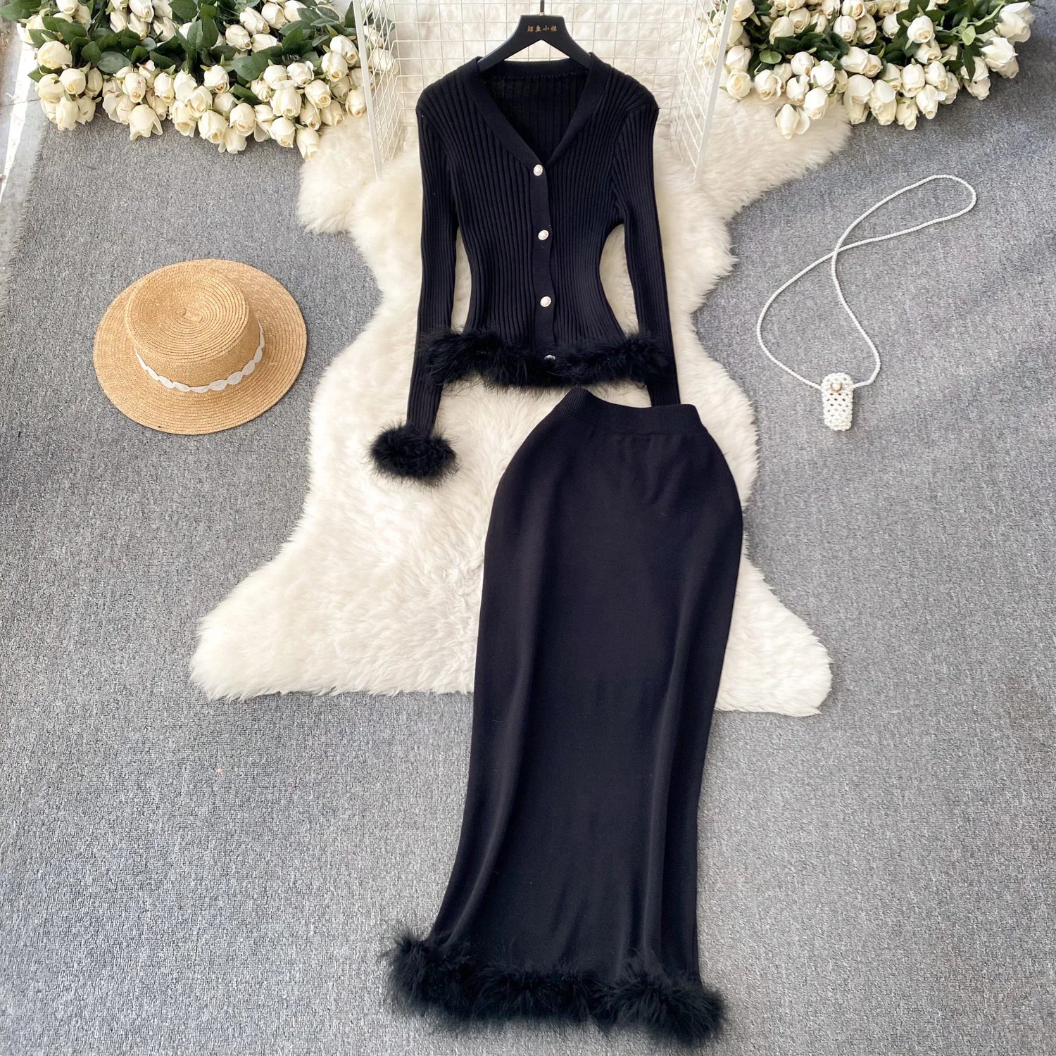 French Style Cardigan+Bodycon Skirt Knit 2pcs Sets