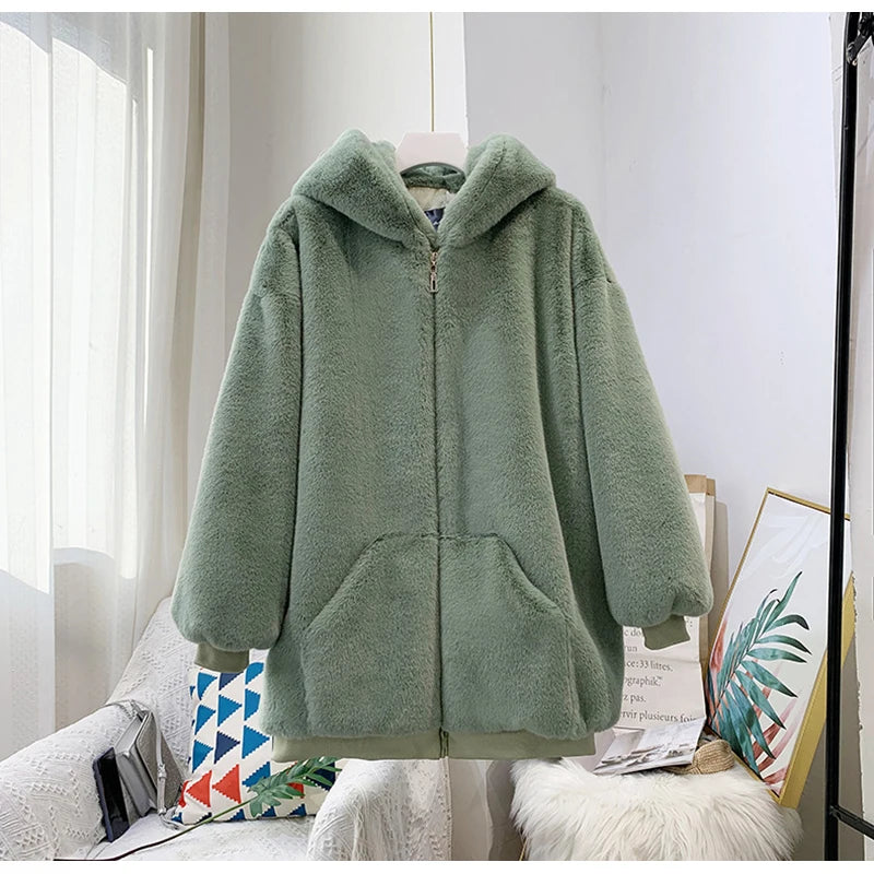 Rabbit Fur Coat Jacket Zipper Hooded Thick Warm Sporty Streetwear