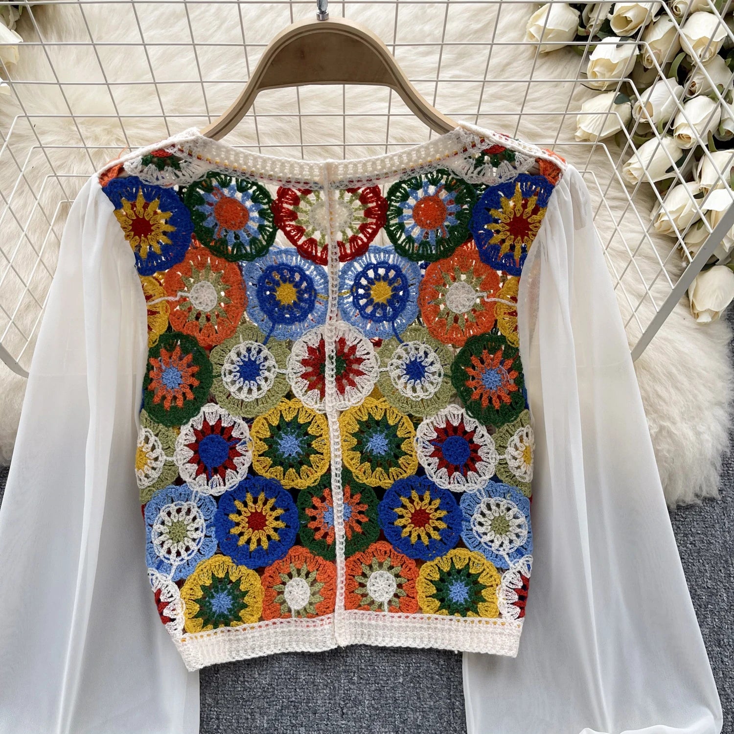 Knitting Crochet  Hollow Out Long Lantern Sleeve Blouse