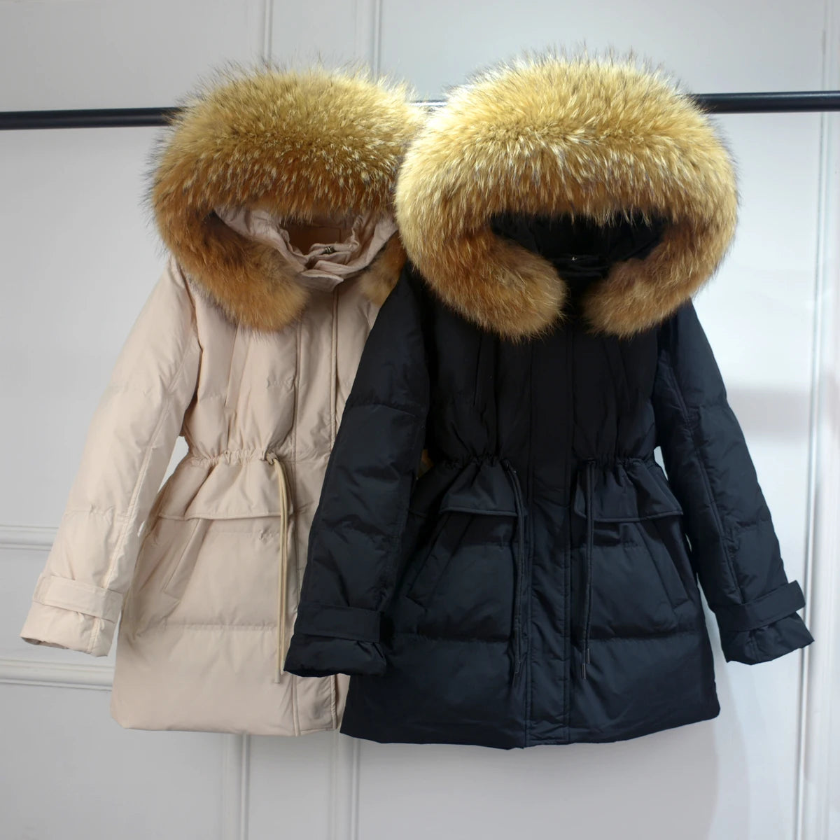 Winter Feather Puffer Coat With Large Real Fur Hooded Duck Down Parkas Outwear