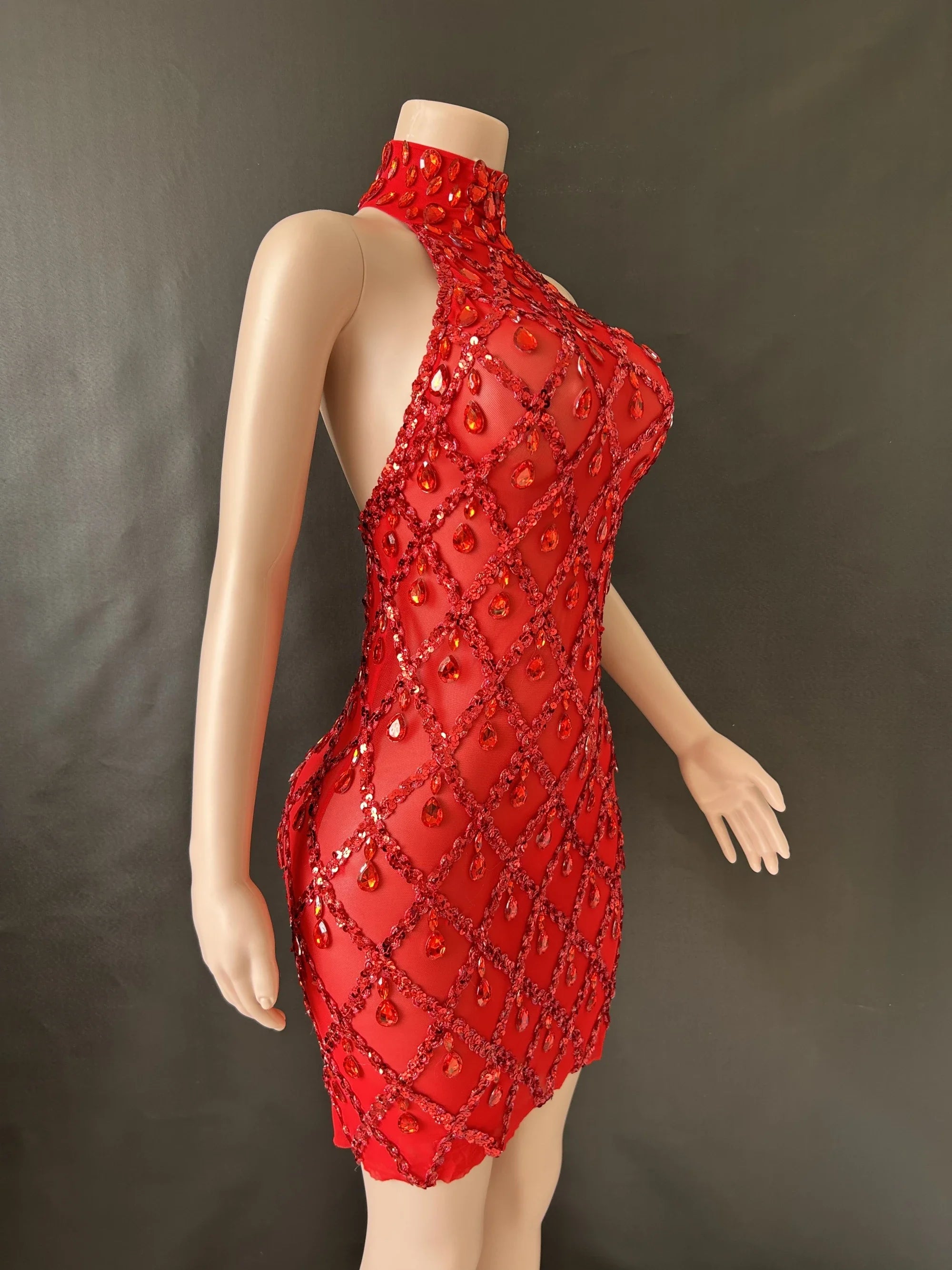 Prom Birthday Dress Transparent Rhinestone Sequins Dress