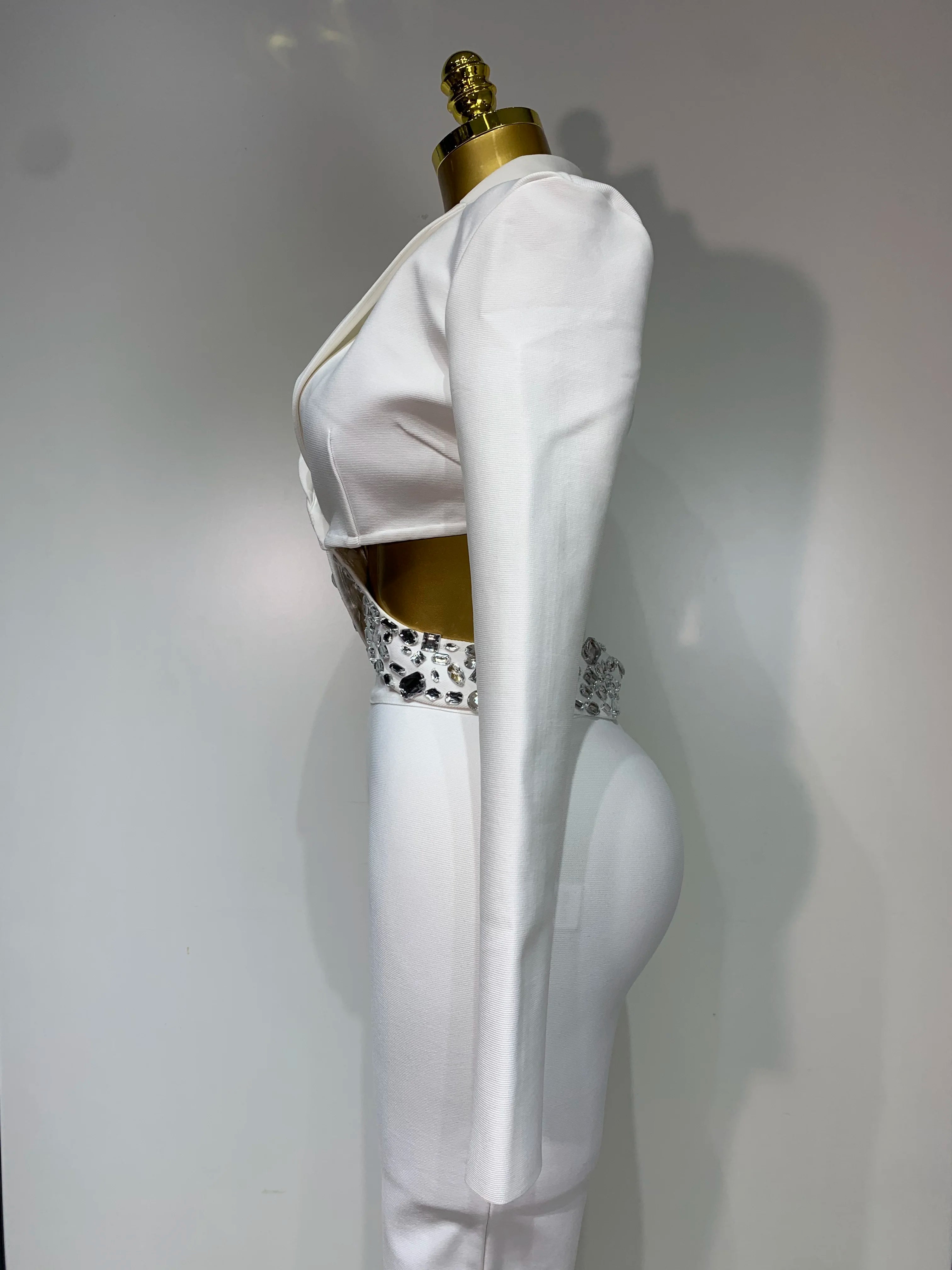 Luxury Two Piece Set Long Sleeve Beading Bodycon Top And Bandage Pants Set