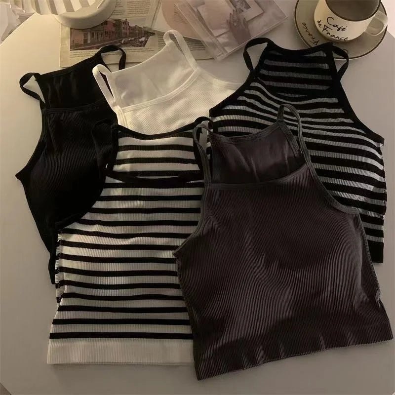 Tank Tops Thread Solid Casual Crop Top with Chest Pad Stripe Sleeveless Outer Wear Basic Camisole