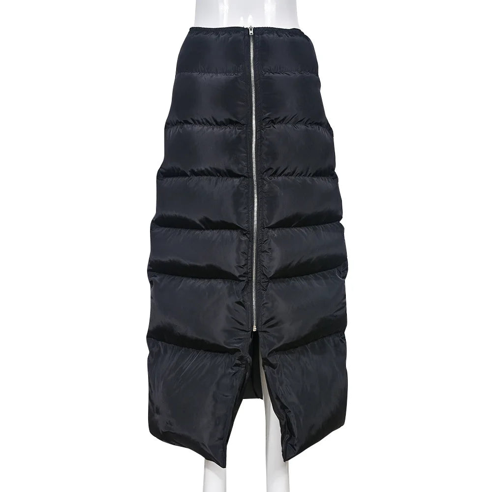 Winter Thick Warm Bubble Quilted Y2K High Waist Zip-Up Black Long Skirts