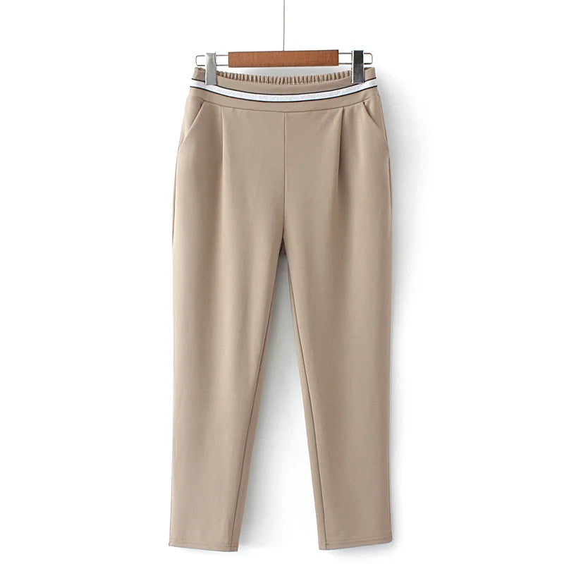 Stripes Elastic Waist Casual Office Lady Calf-Length Trouser