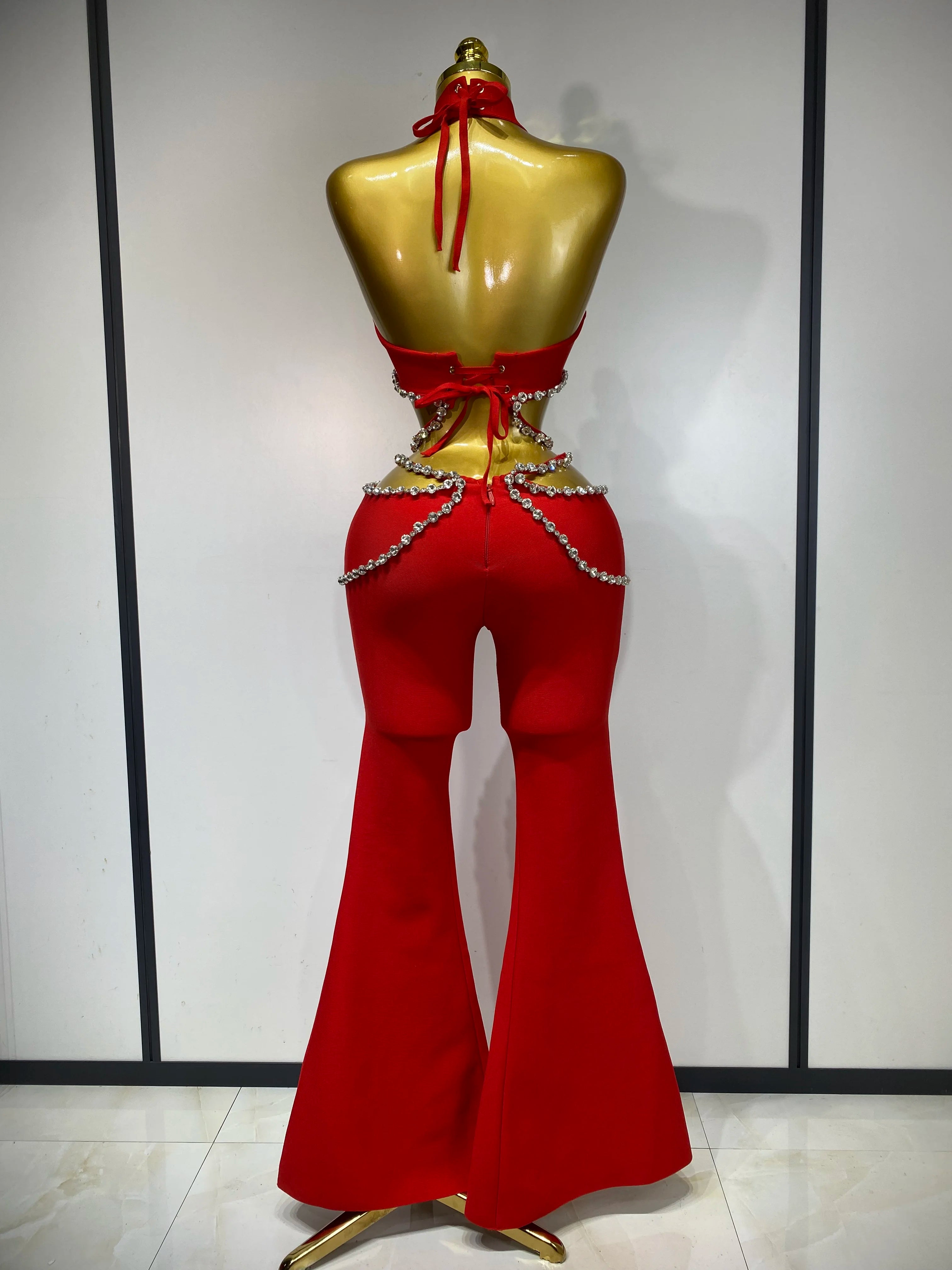 Luxury Rhinestone Cut Out Two Piece Pants And Top Bandage Set
