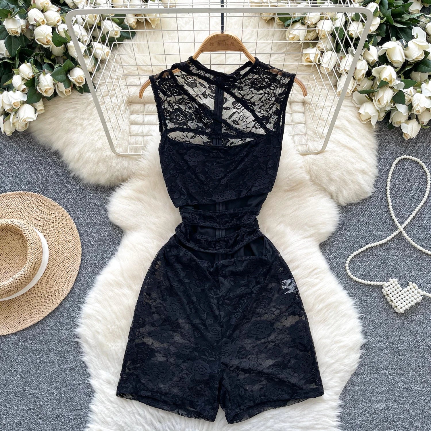 Sleeveless Sheer Hollow Out Bodycon Rompers Lace Playsuits