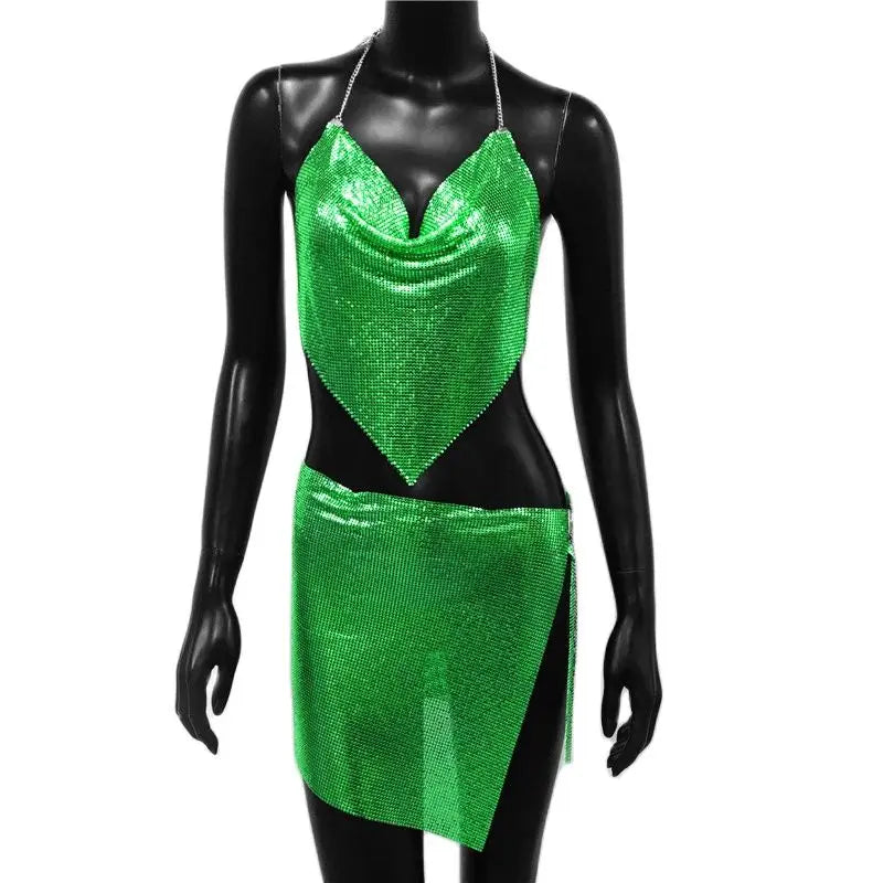 Metal Sequins 2 Piece Set Backless Halter Tank Tops Split Mini Skirts
