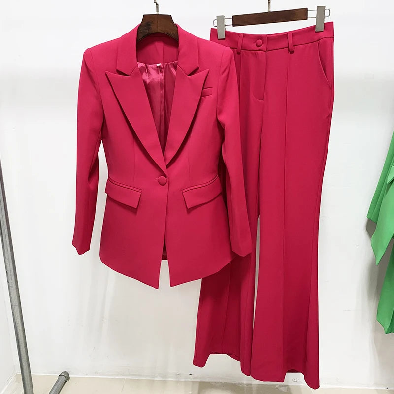 High Street Fashion Runway Suit Set Women's Single Button Color Block Blazer Flare Pants Suit