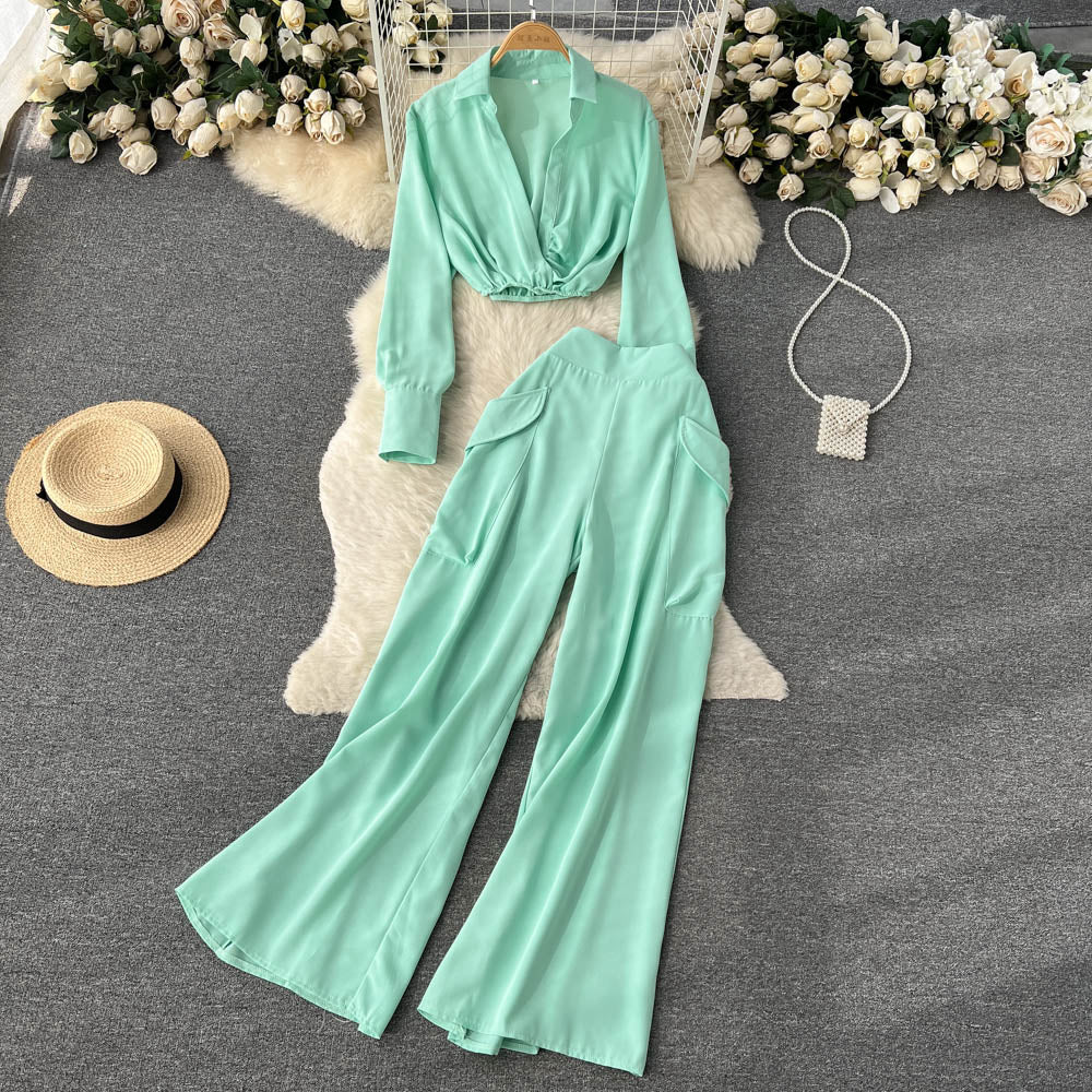 Two Pieces Suits Blouse+Long Pant Retro Casual Sets