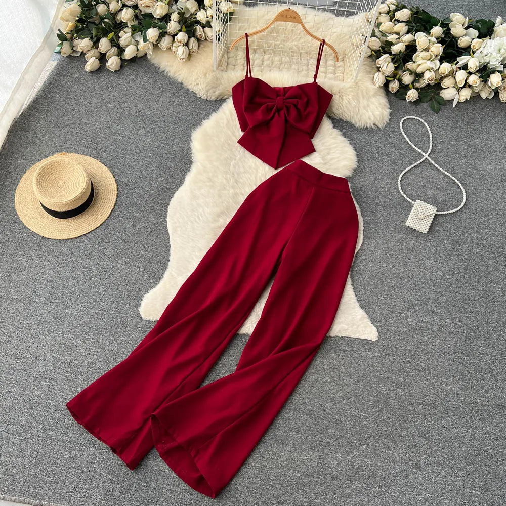 Bow Strap Top+High Waist Casual Wide Leg Long Pants Two piece Set