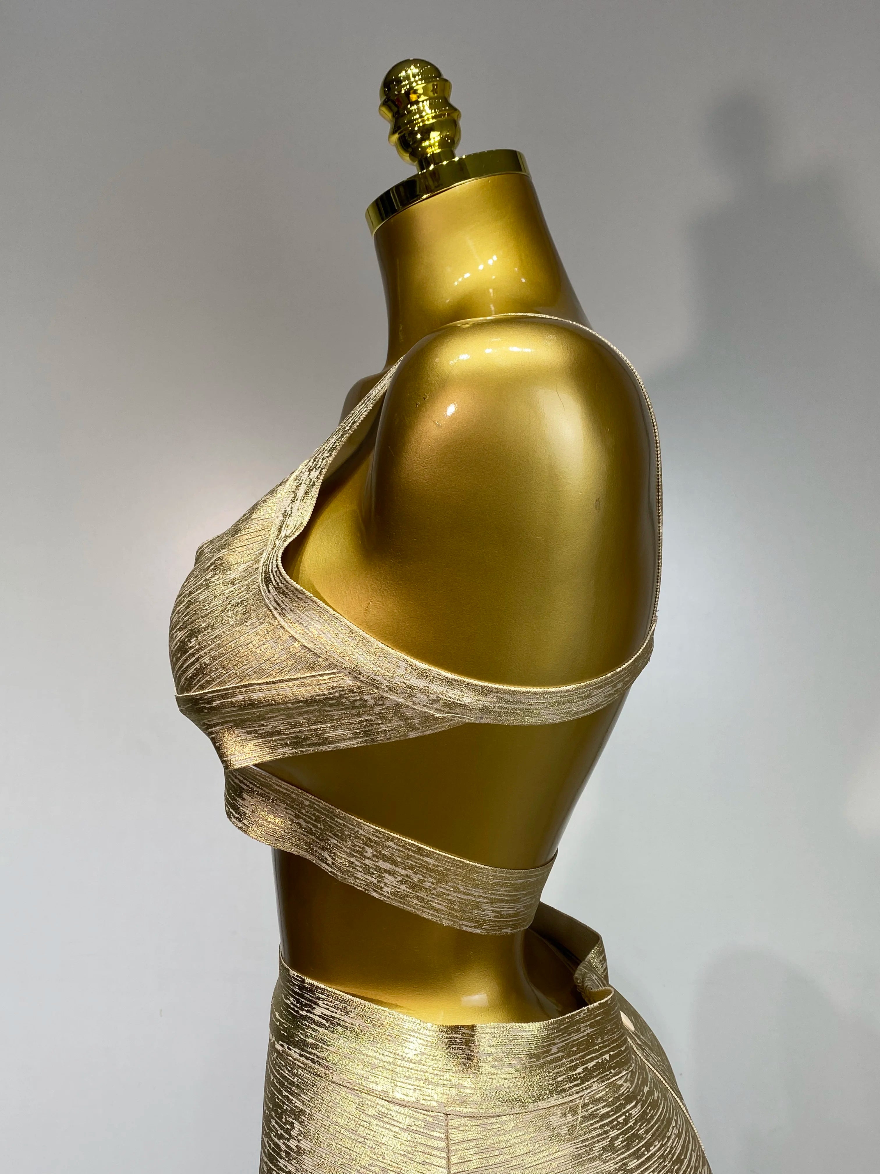V Neck Gold Bandage Top Bodycon Skirt Two Piece Set
