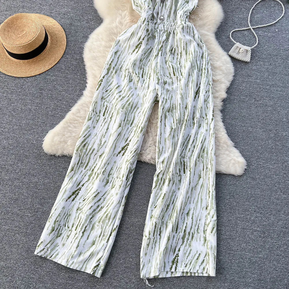 Halter Strapless Backless Loose Wide Legs Pants Beach Style Striped Jumpsuits
