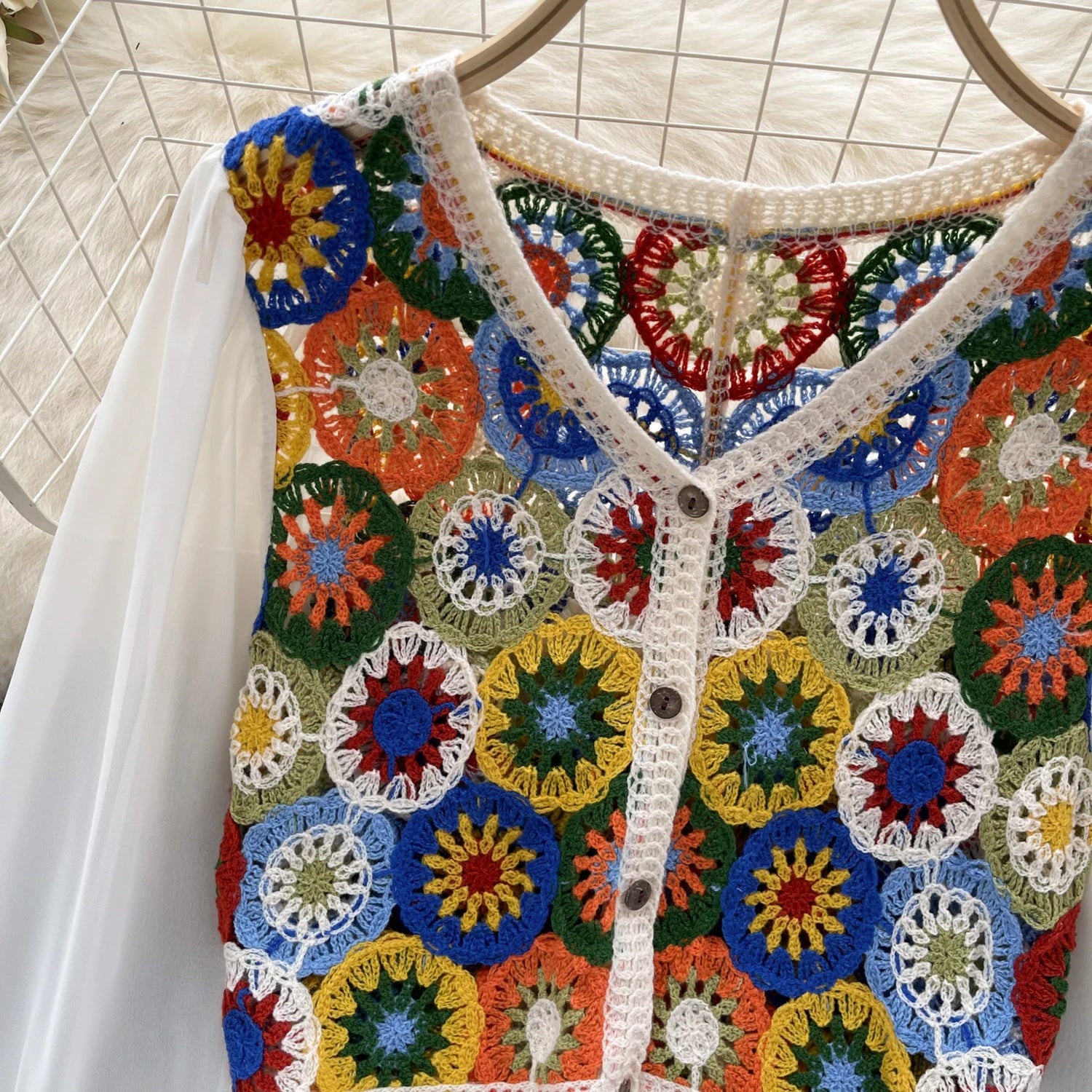 Knitting Crochet  Hollow Out Long Lantern Sleeve Blouse