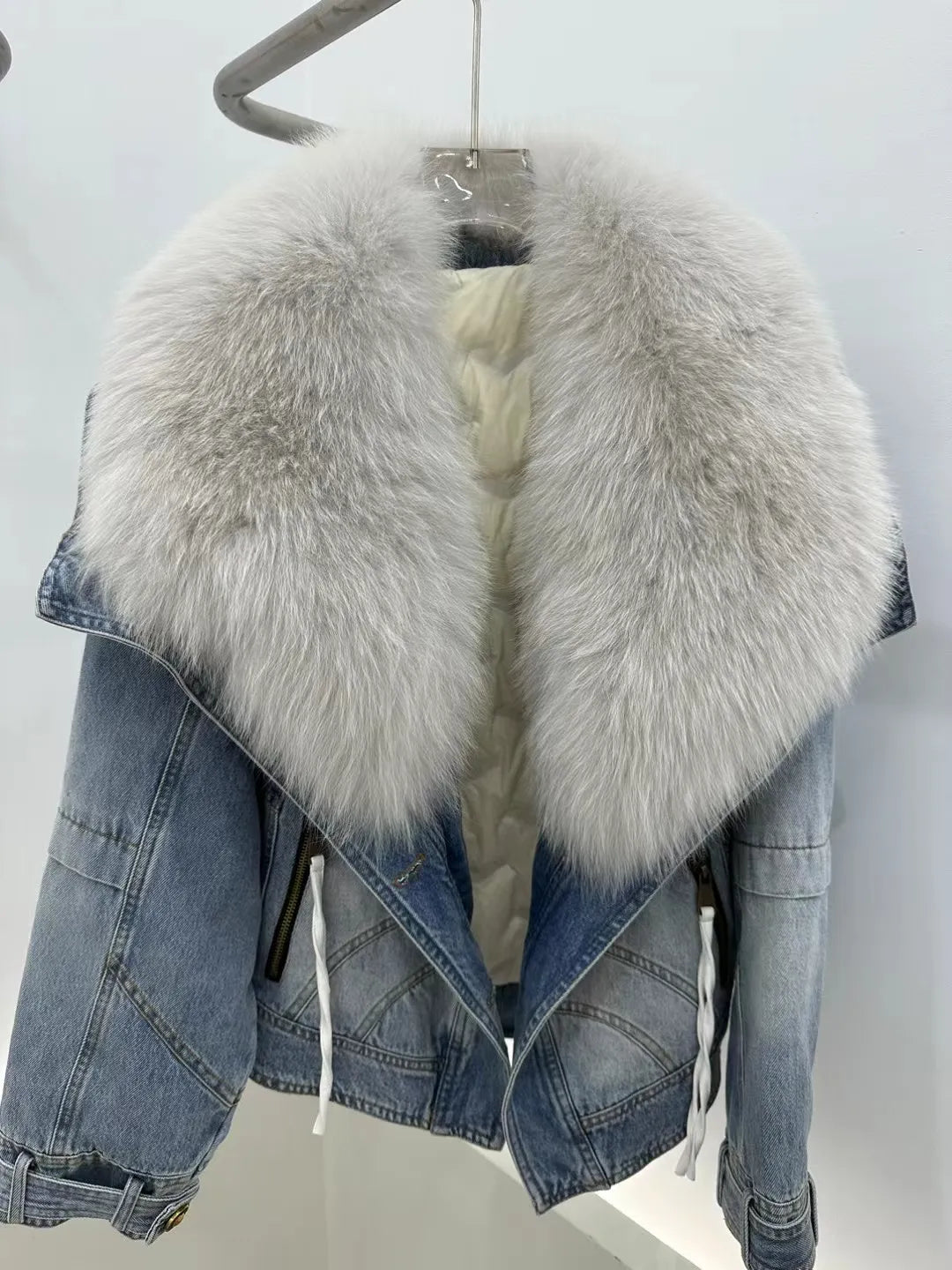 Denim Big White Fox Fur Collar Detachable Goose Down Filling Inner Lining High-End Jacket