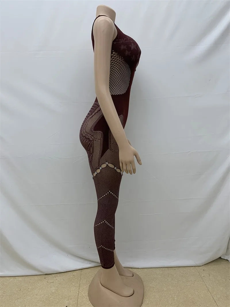 Hollow Out Rhinestones Patchwork Jumpsuit