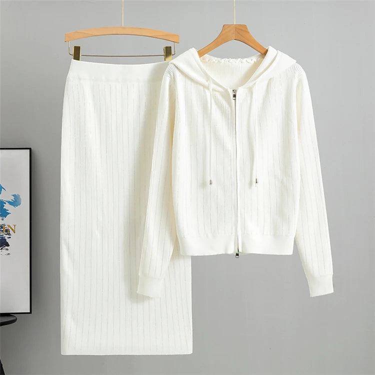 Knitted Cardigan High Waisted Wrapped  Skirt 2 Piece Set