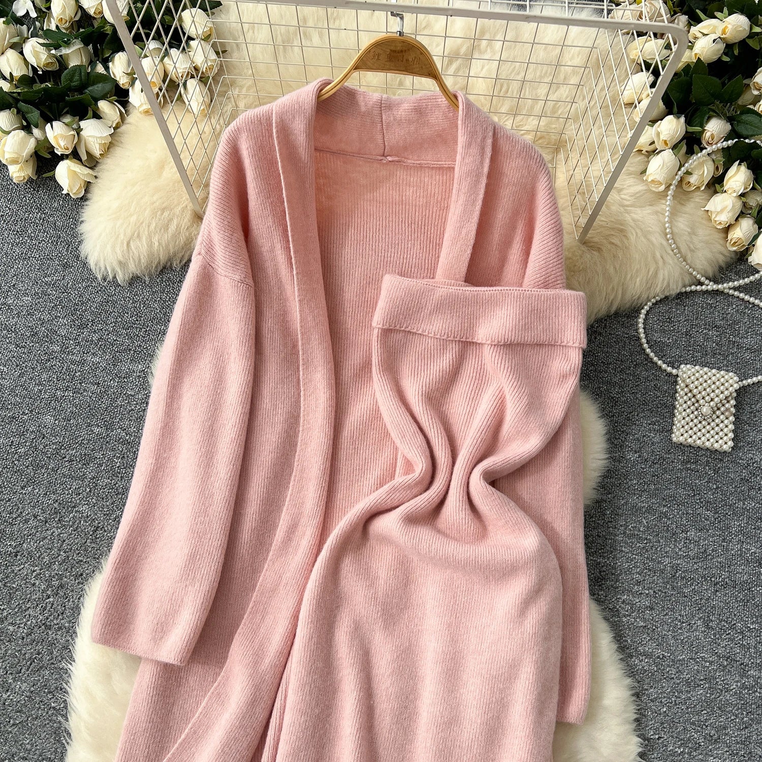 Long Sleeves Oversize Cardigan+Strapless Bodycon Dress Solid Knit 2pcs Sets