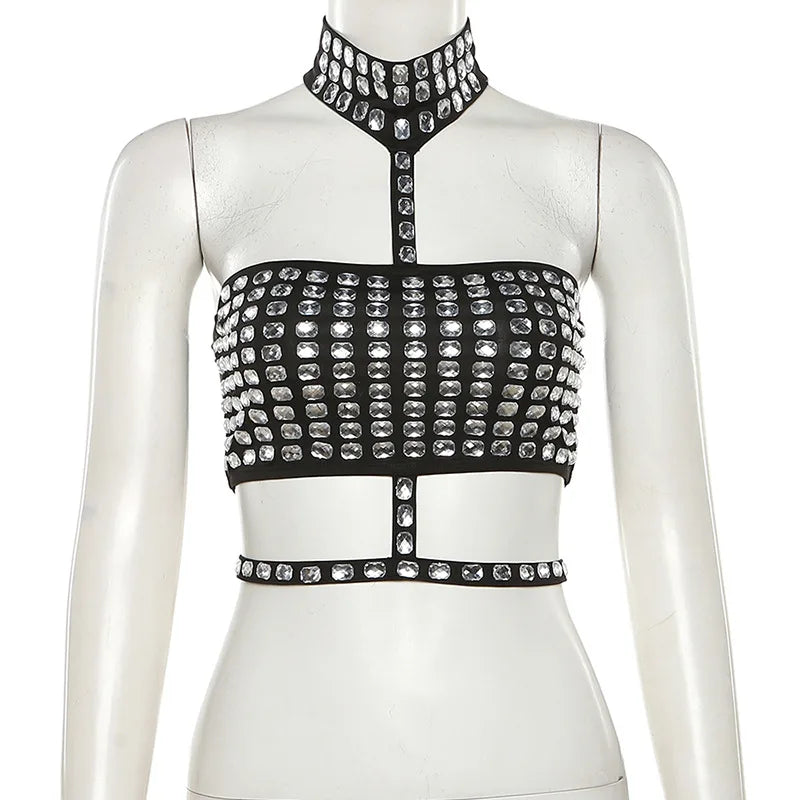 Sleeveless Halter Rhinestone Backless Hollow Out Tank Top