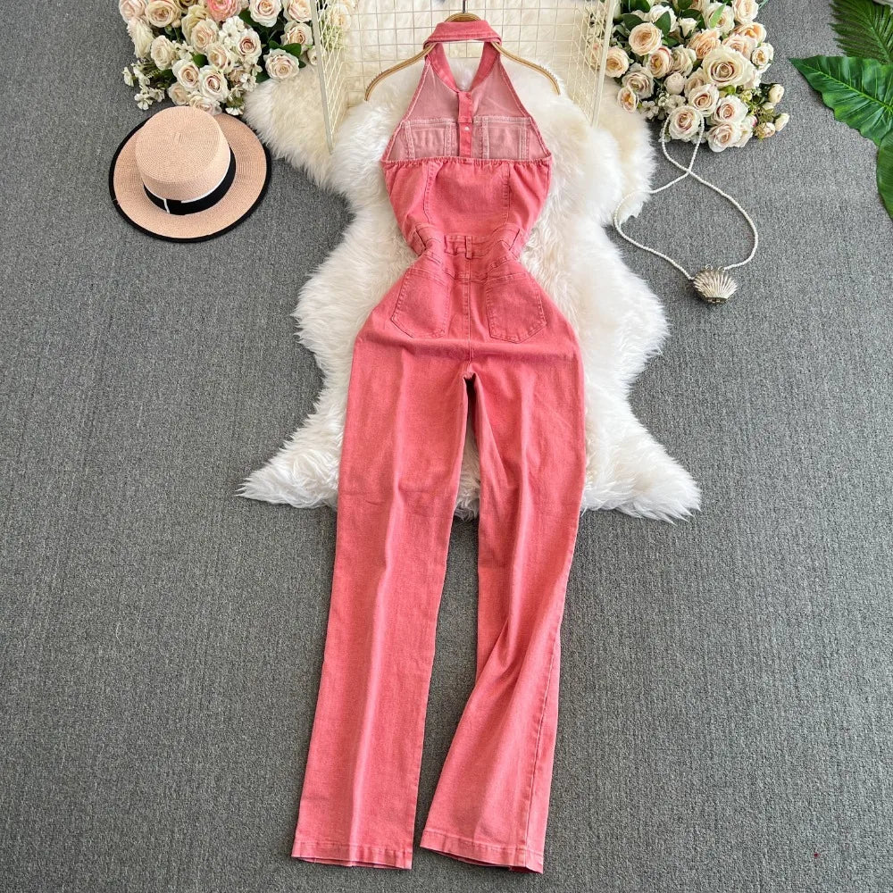 Vintage Turn-down Collar Sleeveless Bodysuit Jumpsuit