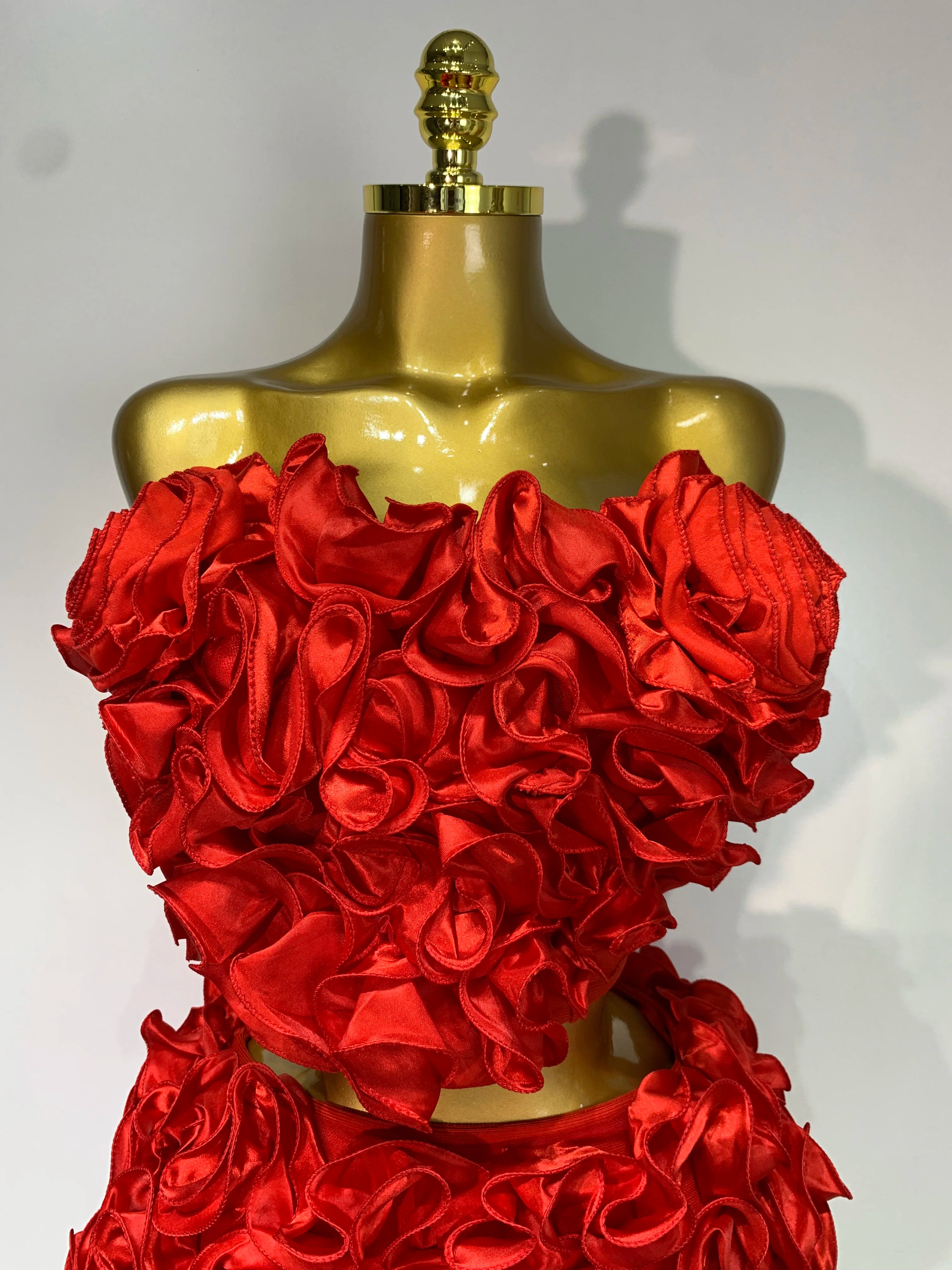 Strapless Red flower Top With Mini Skirt Bodycon Bandage Two Pieces Set