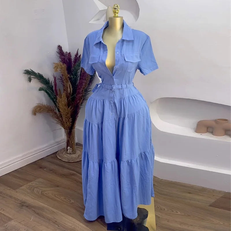 Short Sleeve Single Breasted Belt Long Maxi Dress