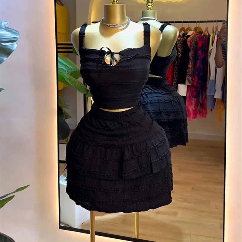 Sleeveless Tank Top and Ruched Mini A-line Skirts Two Piece Set