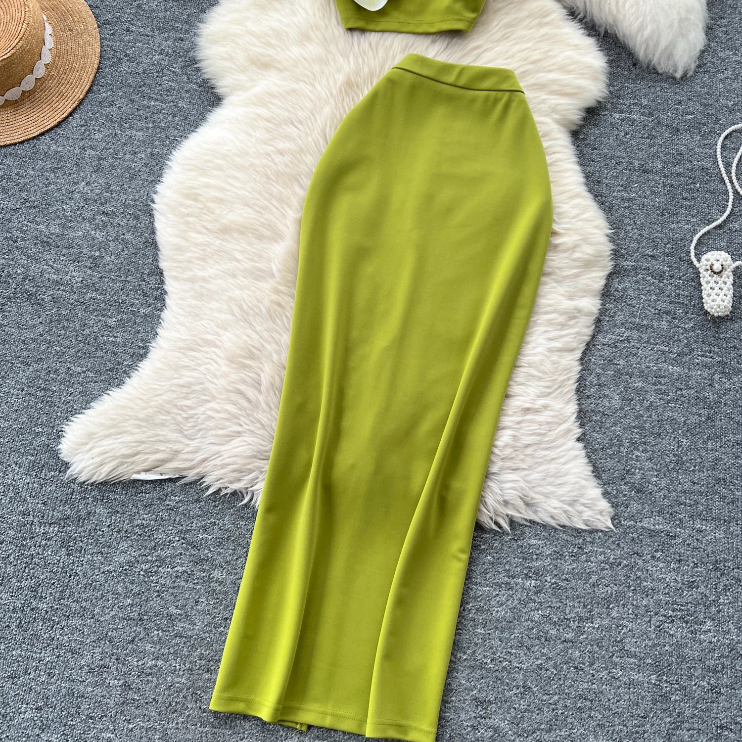 S3D Floral Strap Mini Tank Top+Split Bodycon Long Skirts Two Piece Set