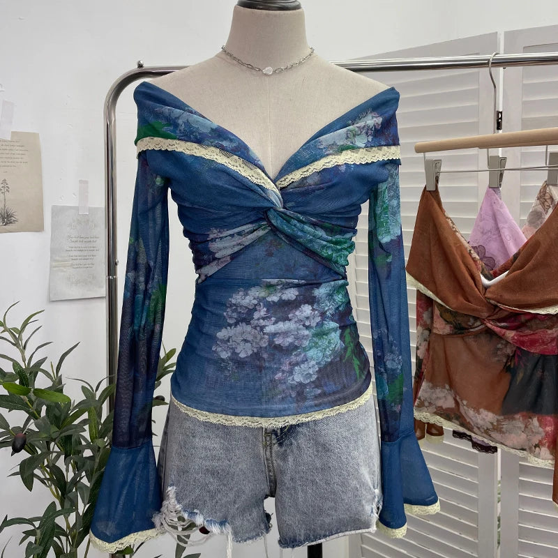 Off Shoulder Patched Ruffled Mesh Slash Collar T Shirts