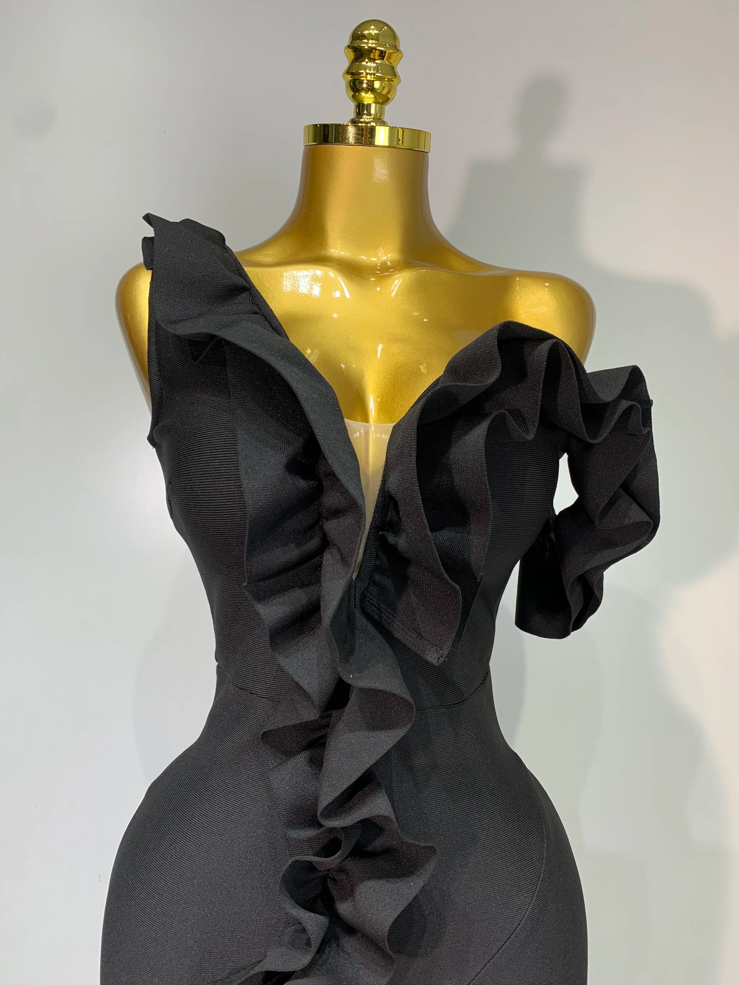 Off Shoulder Ruffles Midi Bodycon Bandage Dres