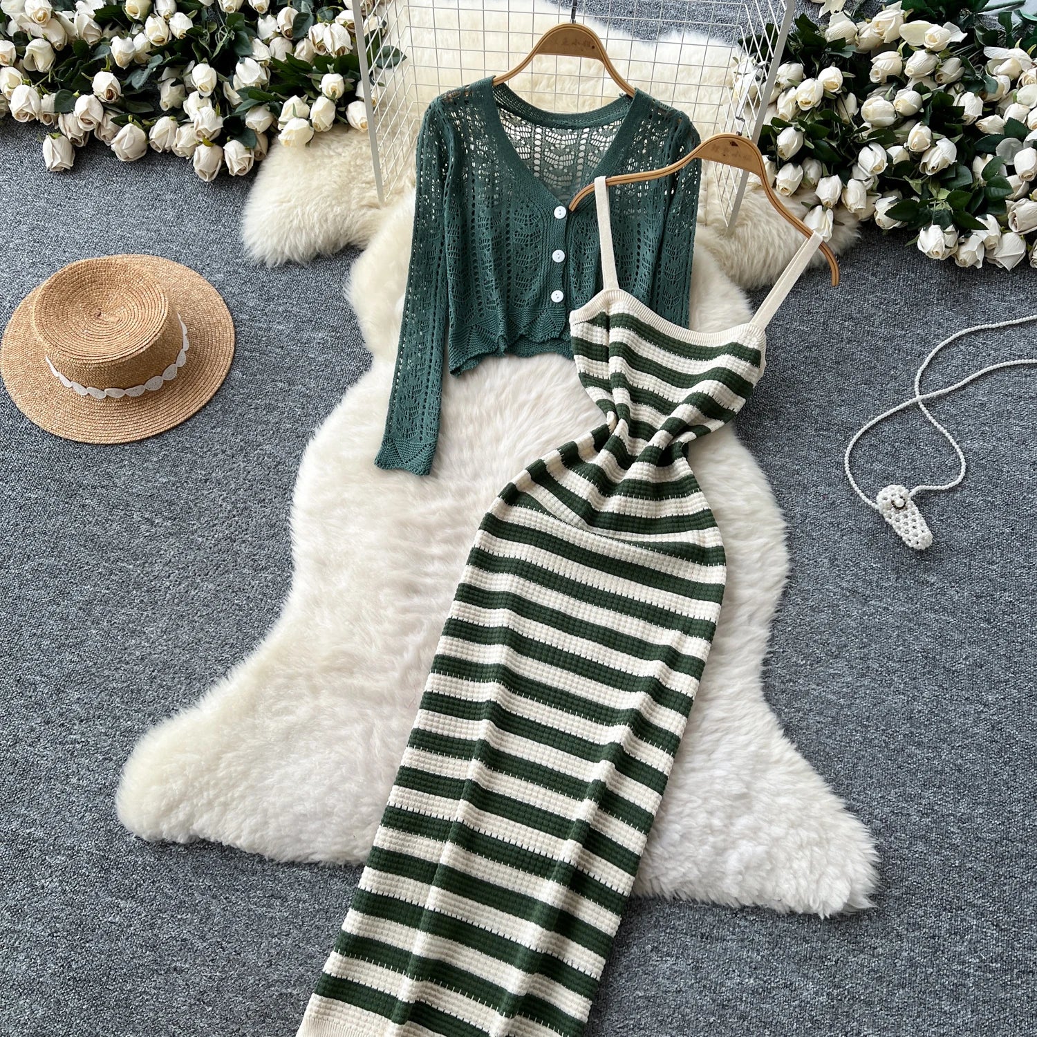 Two piece set Hook flower hollow striped Two Piece Set