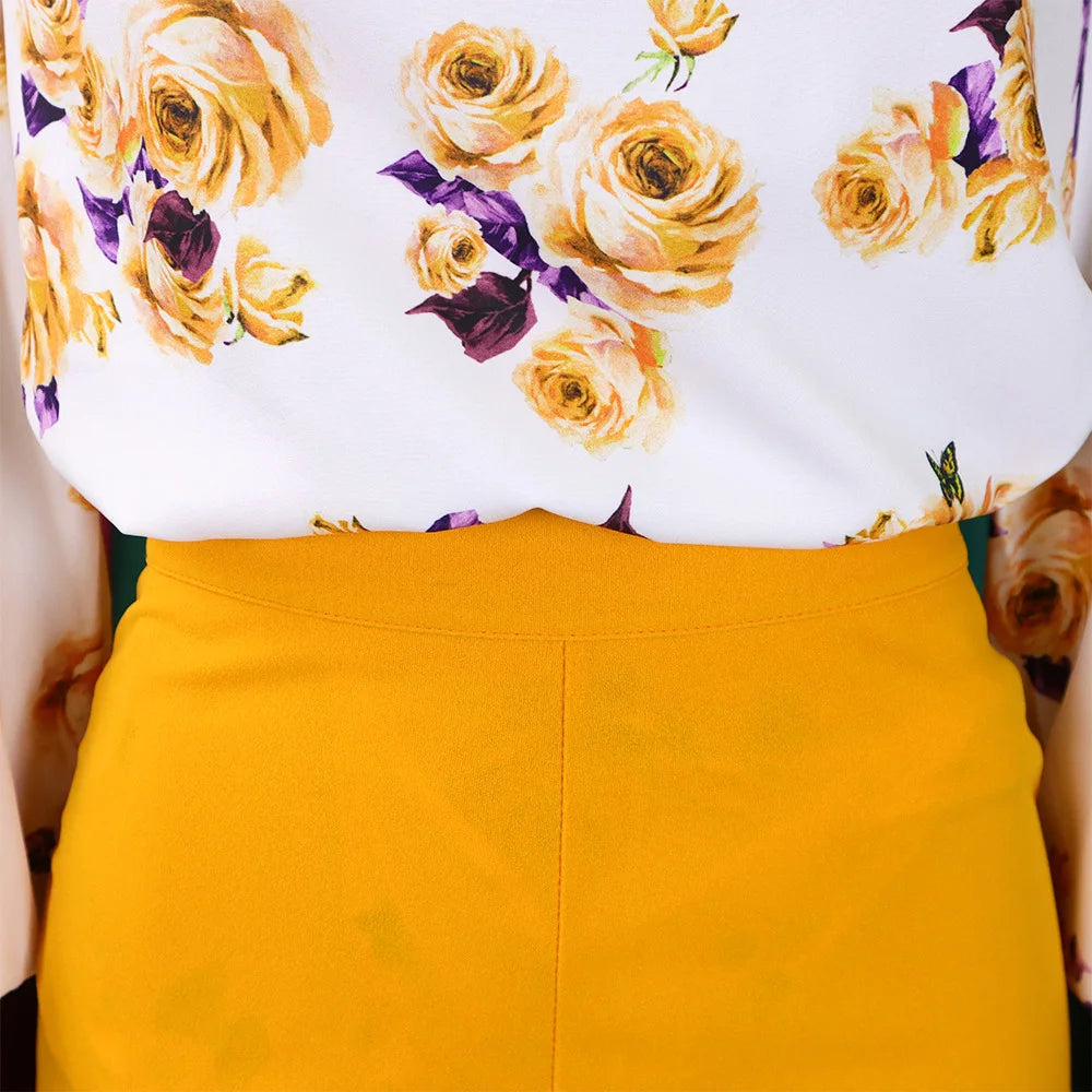 Two Piece Sets Slim Fit Print Floral Round Neck Lantern Sleeve Elegant Splice Wide Leg Long Pants