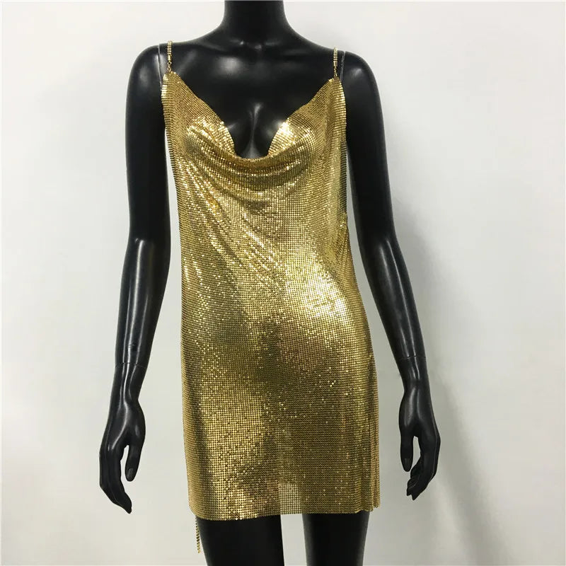 Backless Spaghetti Strap Metal Sequins Low Cut Dress