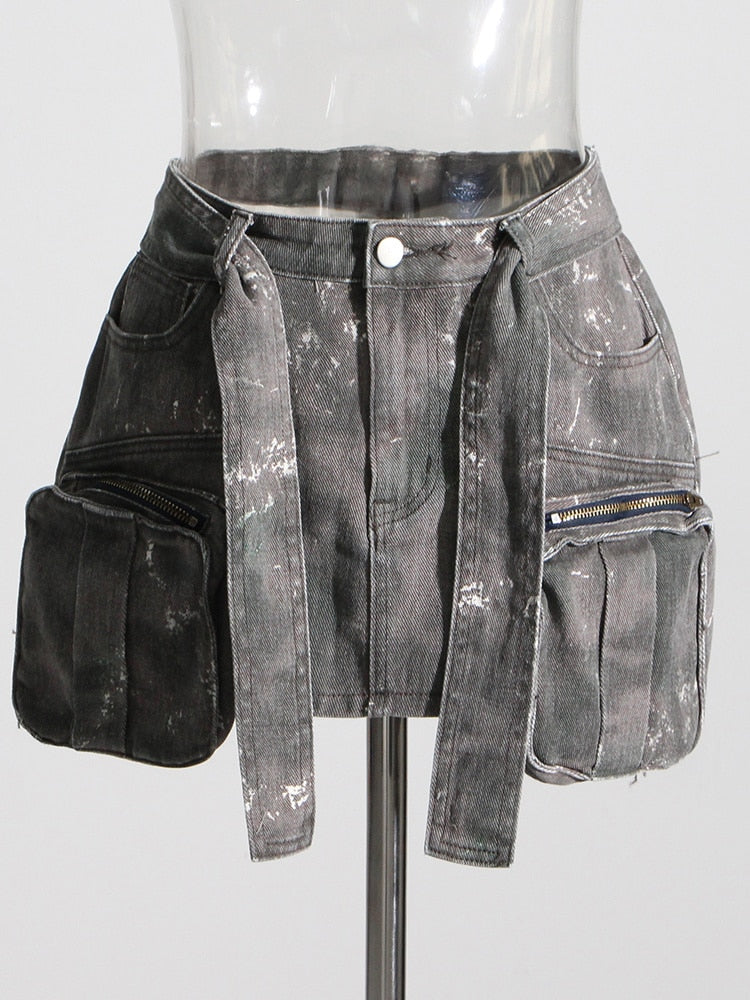 Denim Lace Up Belt Camouflage Skirt