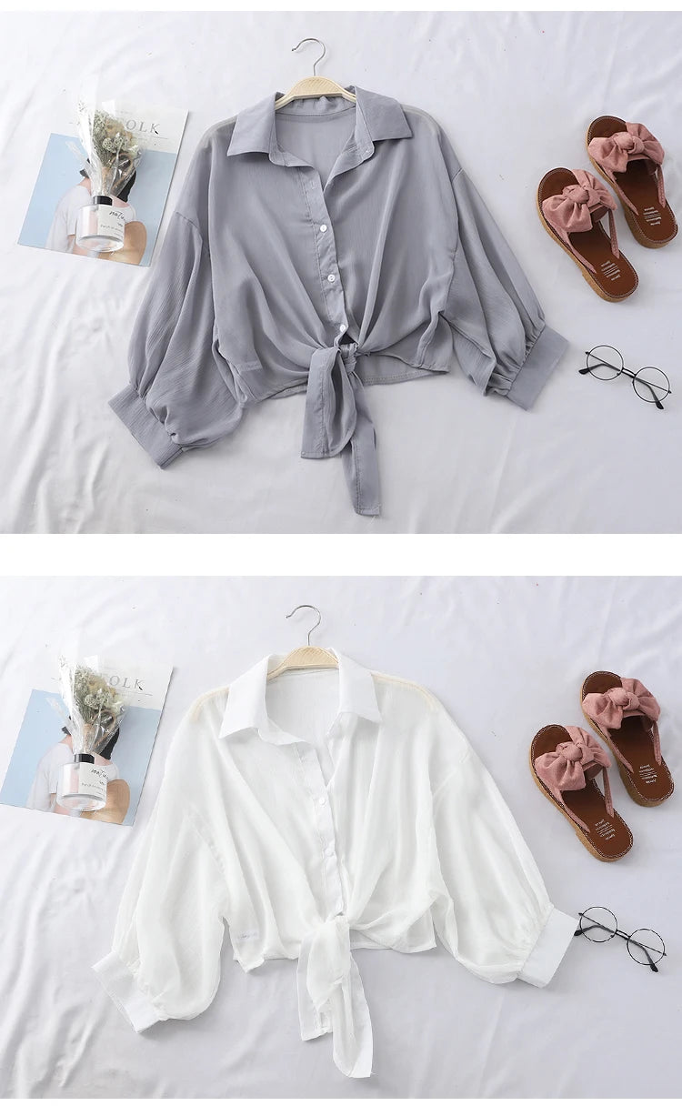 Casual Loose Hollow Elegant Solid Color Tied Waist Blouse