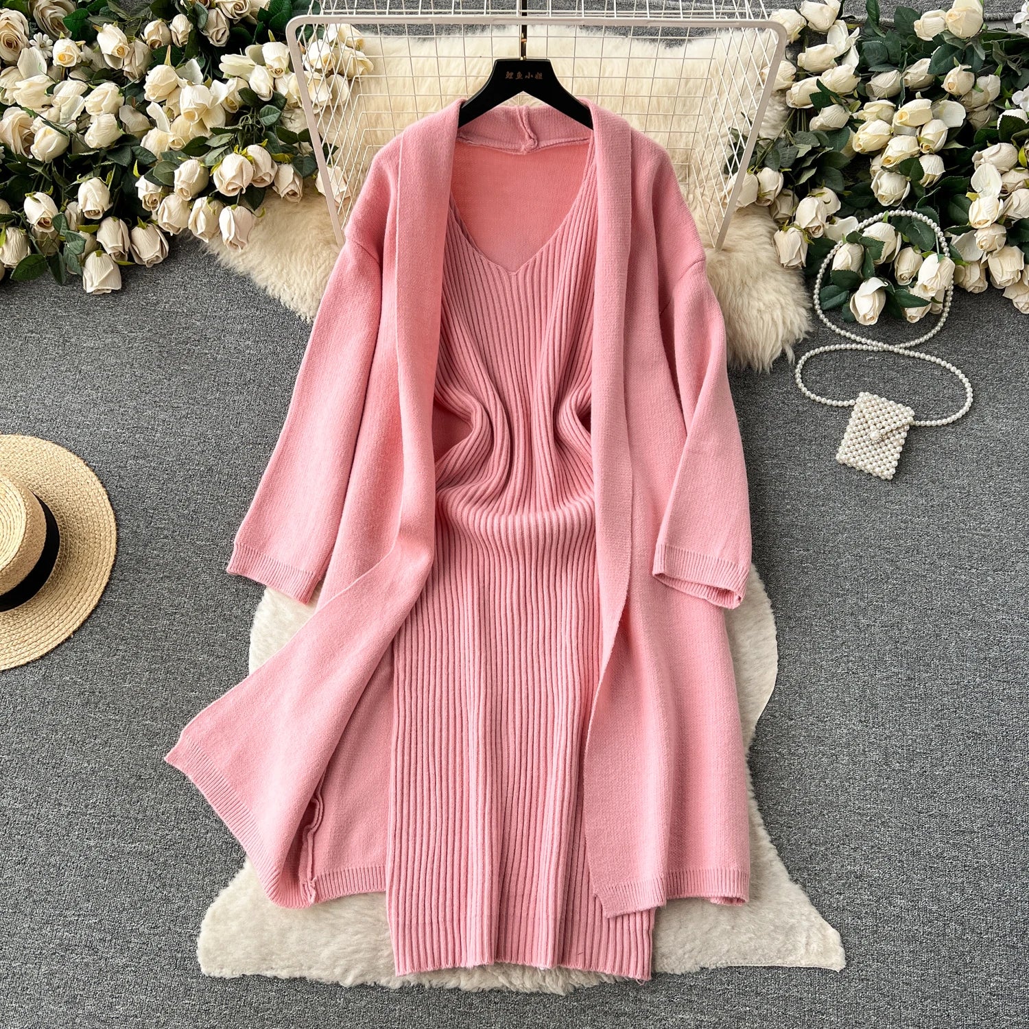 Autumn Thick Warm Knitted Suits Knit Dress+Loose Long Cardigans Sweater Casual Two Pieces Sets