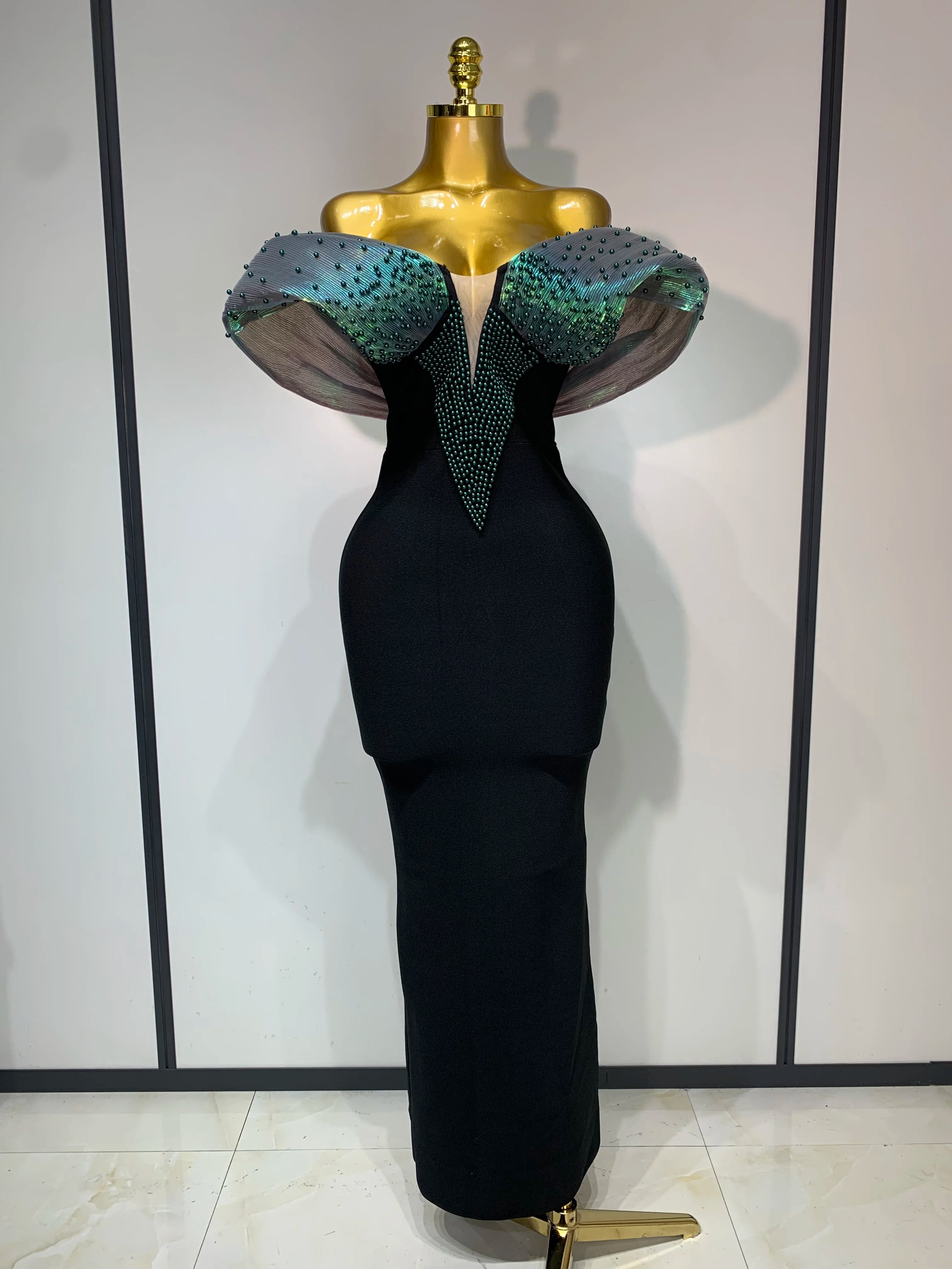 Birthday Outfit Off Shoulder Beading Bodycon Maxi Long Bandage Dress