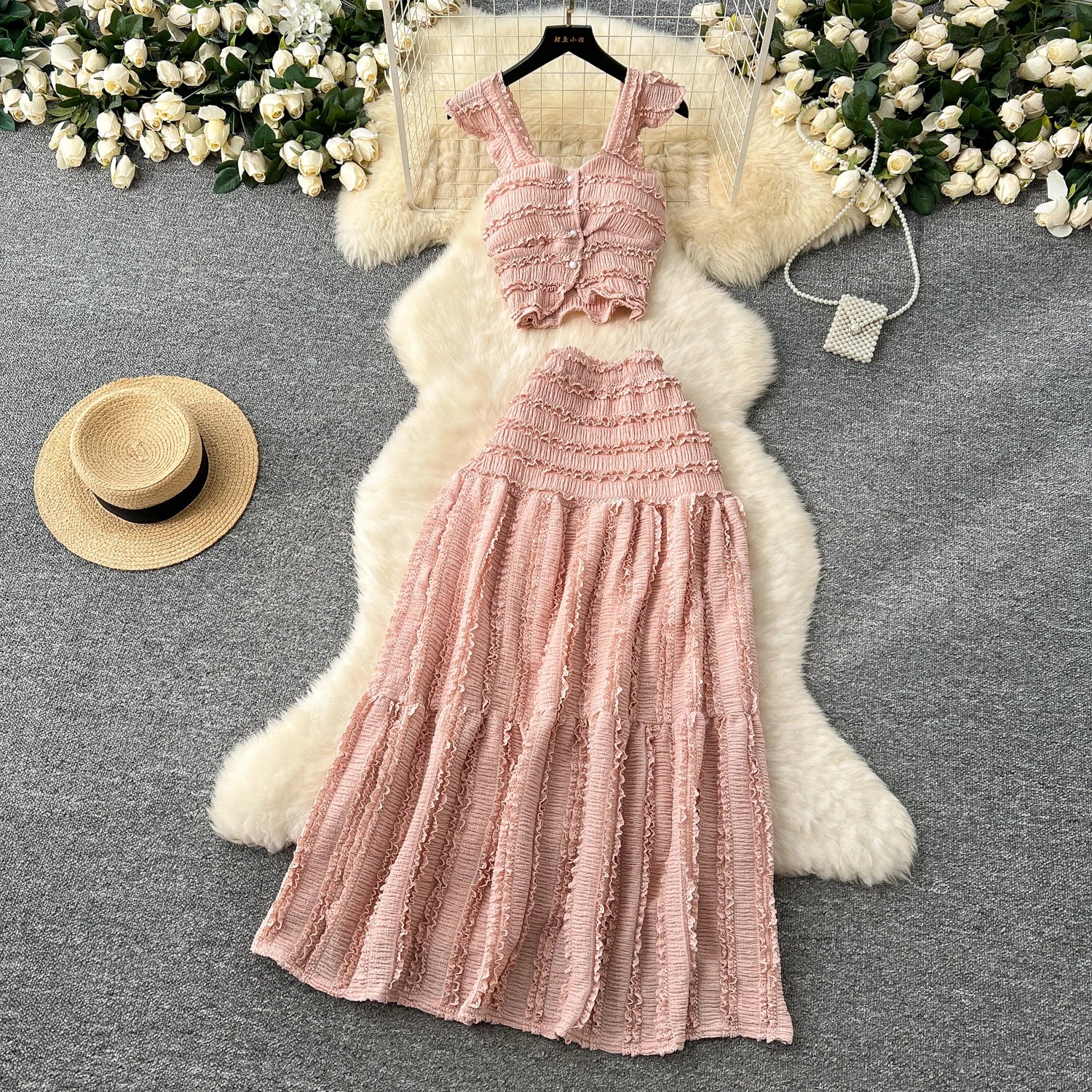 Casual Single Breasted Mini Camisole+Elastic Waist A Line Fold Slim Skirt Two Piece Sets
