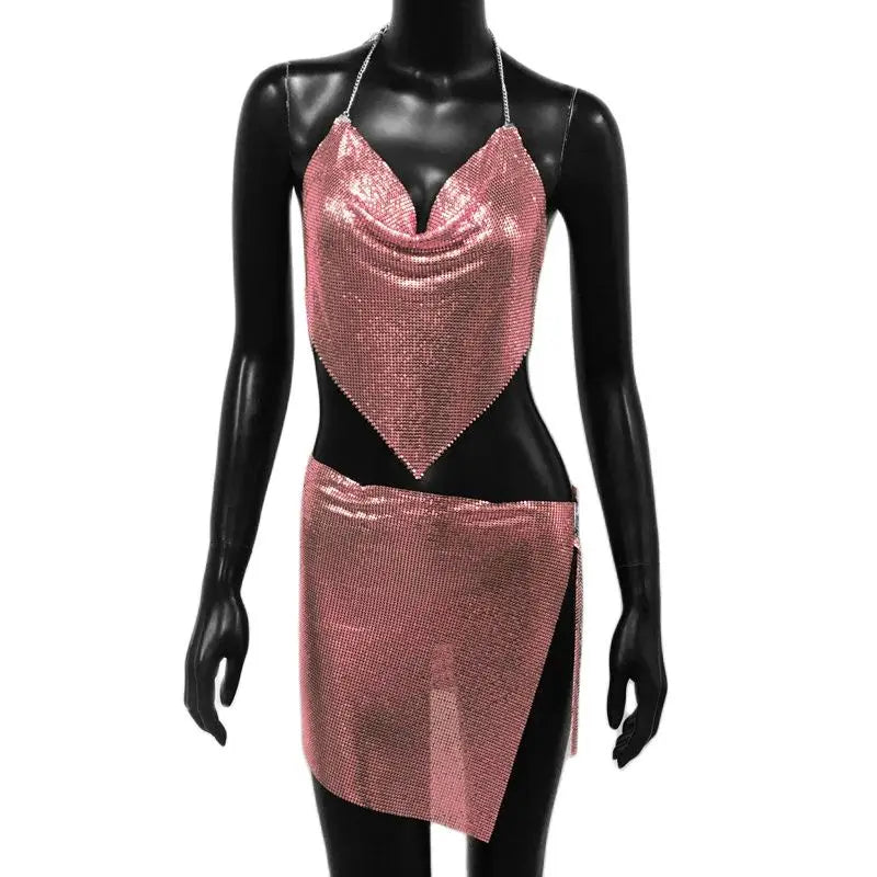 Metal Sequins 2 Piece Set Backless Halter Tank Tops Split Mini Skirts