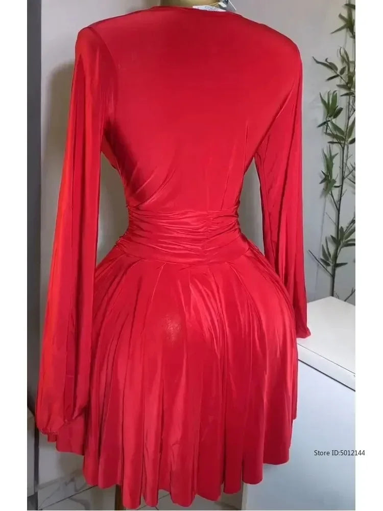 Ruched Lantern Sleeve  A Line Dress