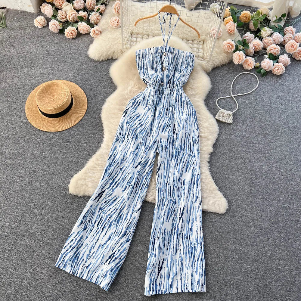 Halter Strapless Backless Loose Wide Legs Pants Beach Style Striped Jumpsuits